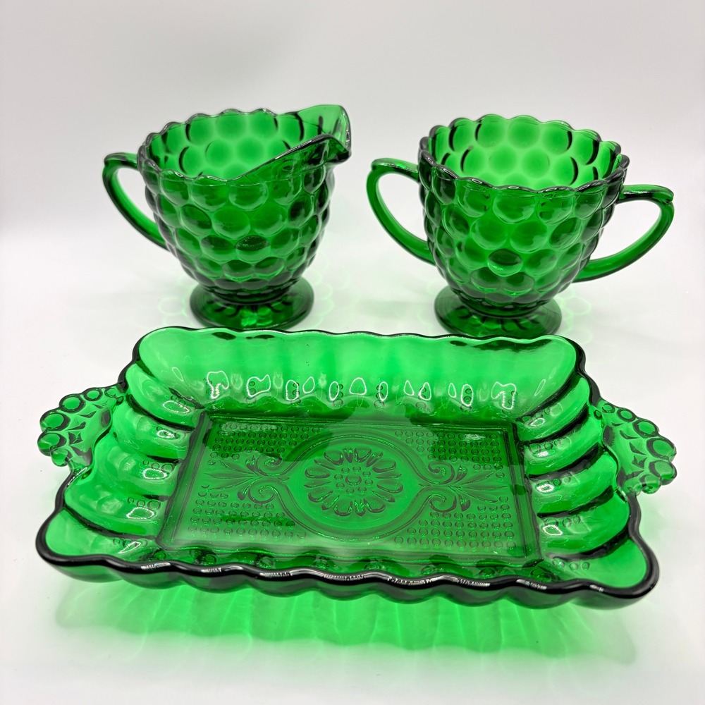 Anchor Hocking Forest Green Bubble Glass Creamer Sugar Bowl and Tray Set Vintage